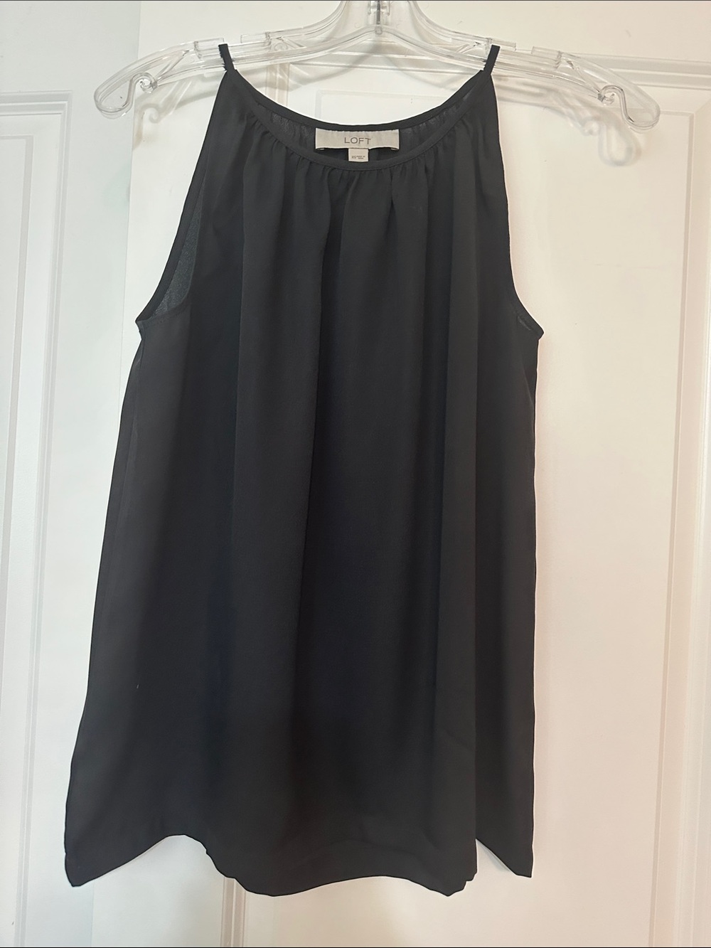 Sz XS black Loft halter top with a gathered, pleated neckline spaghetti straps.